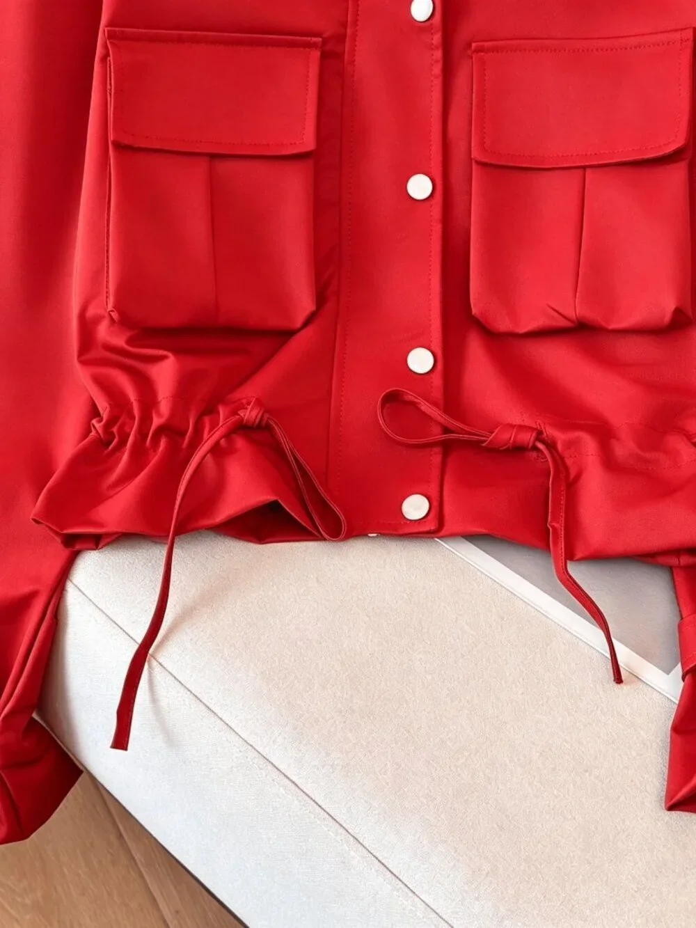 Red Casual Women's  Funnel Neck Multi-Pocket Waist Drawstring Utility Jacket